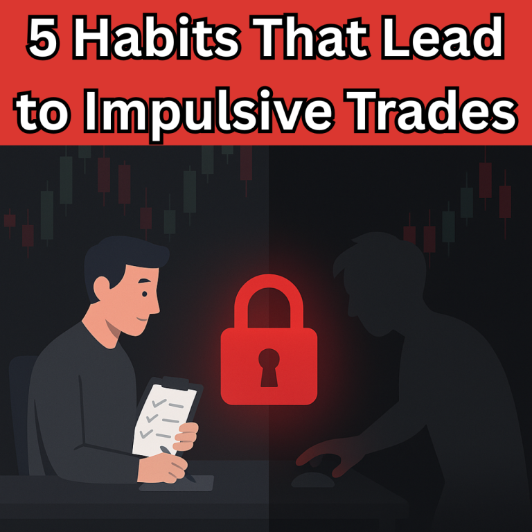 Featured blog image for TradeStop article "5 Habits That Lead to Impulsive Trades". Illustration shows a calm trader with a checklist on one side, a shadowy impulsive figure reaching for a mouse on the other side, and a glowing red lock symbol in the center, overlaid with the blog title.